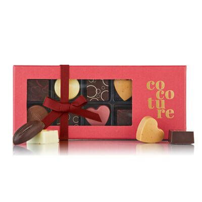 Chokoladeæske med 9 stk. fyldte chokolader fra Cocoture i rød æske - 81g