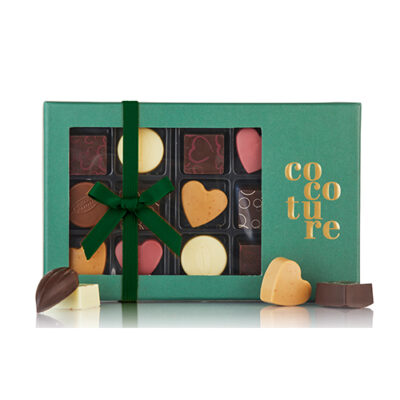 Chokoladeæske med 14 stk. fyldte chokolader fra Cocoture i grøn æske - 126g