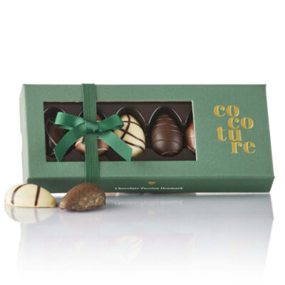Mix af marcipanæg og fyldte chokoladeæg i grøn Cocoture æske - 75g